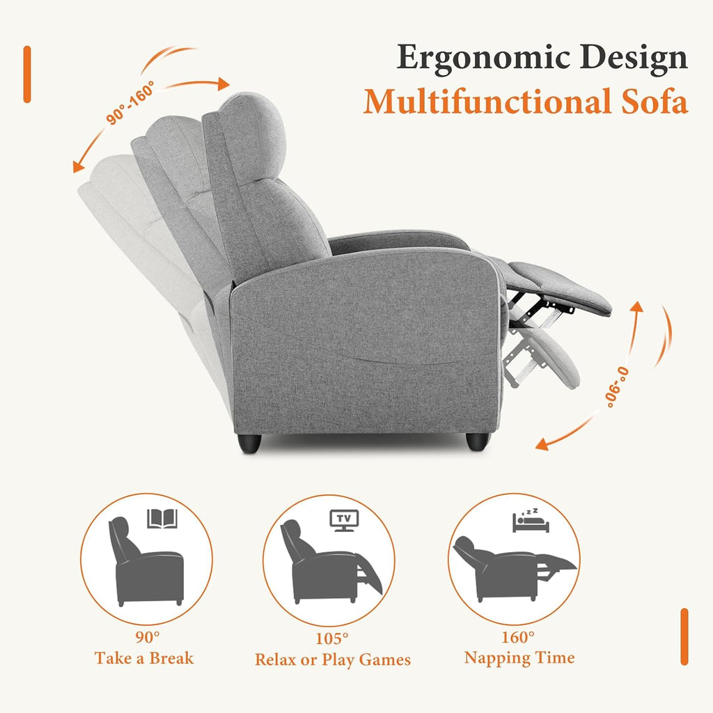 Sweetcrispy Recliner Chair Fabric Recliner Sofa No Massage, Home Theater Seating with Lumbar Support, Adjustable Push Back Overstuffed High-Density Sponge Reclining for Living Room, Slate Gray