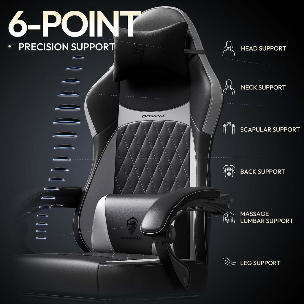 Dowinx Gaming Chair with Pocket Spring Cushion, Ergonomic Computer Chair with Massage Lumbar and Footrest for Adults, High Back Game Chair Leather for Office Gaming 300LBS, Grey New