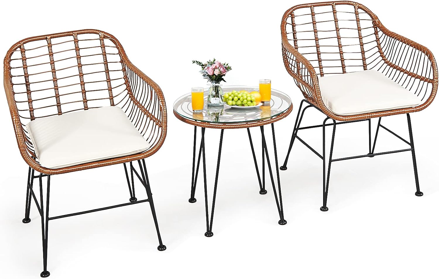 Tangkula 3 Pieces Patio Conversation Bistro Set, Outdoor Wicker Furniture w/Round Tempered Glass Top Table & 2 Rattan Armchairs, Bistro Chat Set w/Seat Cushions for Porch, Backyard, Garden