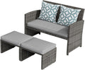 OC Orange-Casual Patio Furniture Set,3 Pieces Outdoor Wicker Conversation Loveseat with Ottomans for Porch, Gray Rattan Light Gray Cushions