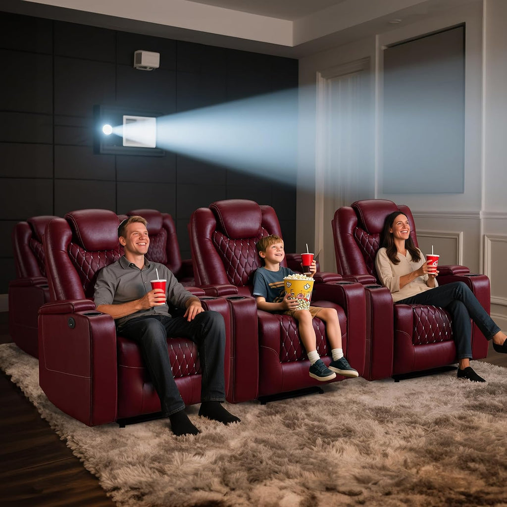 ANJ Power Recliner Chair Set of 3, Electric Soft Faux Leather Reclining Home Theater Seating - USB Ports, Cup Holders, Hidden Arm Storage Movie & Media Room Chairs (Red)
