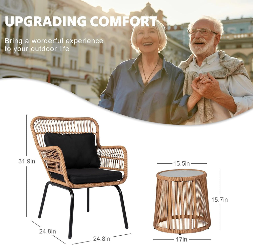 3 Piece Outdoor Wicker Furniture Bistro Set, Rattan Chairs Conversation Sets with Solar Light, Wicker Patio Furniture for Balcony Poolside Backyard, Black