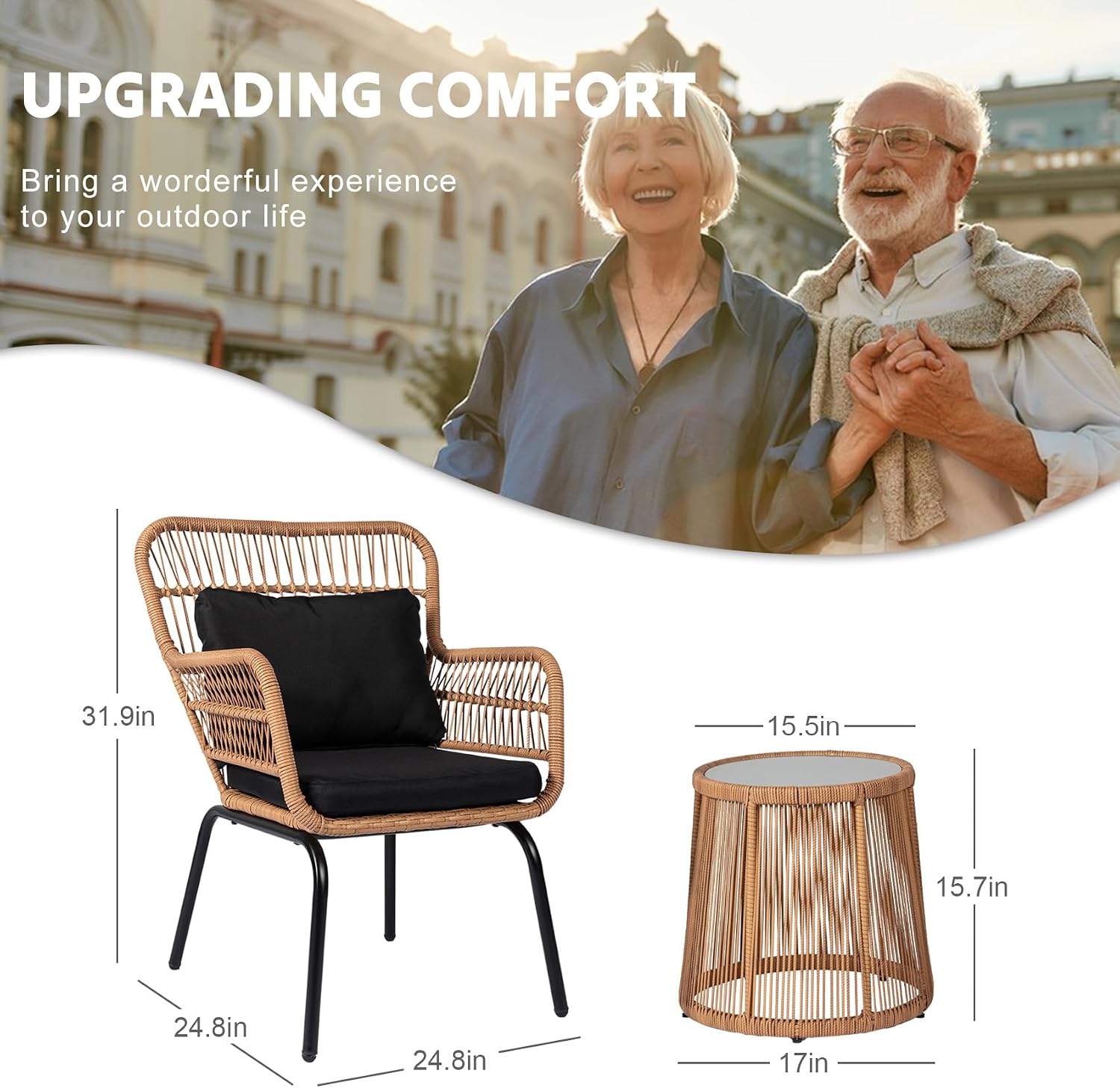 3 Piece Outdoor Wicker Furniture Bistro Set, Rattan Chairs Conversation Sets with Solar Light, Wicker Patio Furniture for Balcony Poolside Backyard, Black