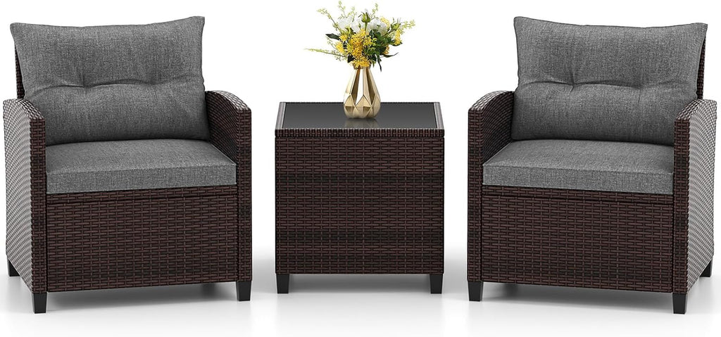 RELAX4LIFE 3-Piece Patio Furniture Set - Wicker Bistro Conversation Set w/2 Cushioned Armchairs & Glass Topped Table, Outdoor Rattan Sofa for Porch Balcony Poolside (Grey)