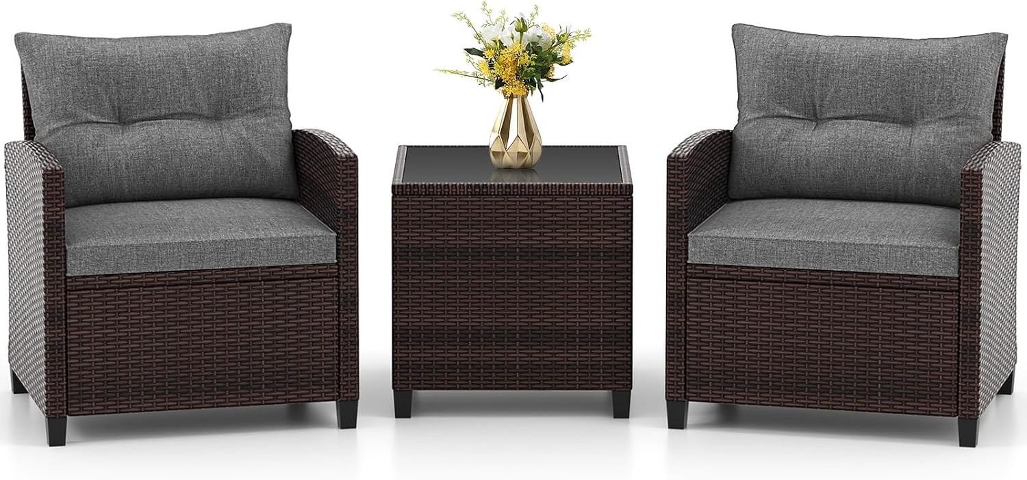 RELAX4LIFE 3-Piece Patio Furniture Set - Wicker Bistro Conversation Set w/2 Cushioned Armchairs & Glass Topped Table, Outdoor Rattan Sofa for Porch Balcony Poolside (Grey)
