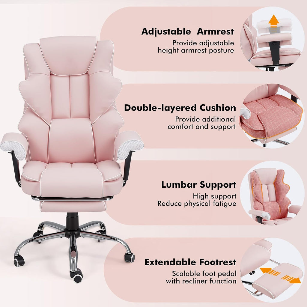 HOMREST 6-Point Massage Executive Chair,Heat Office Chair,Ergonomic Home Office Desk Chairs with Retractable Footrest and Reclining Function,Leather Computer Chair with Adjustable Armrest(‌Pink)