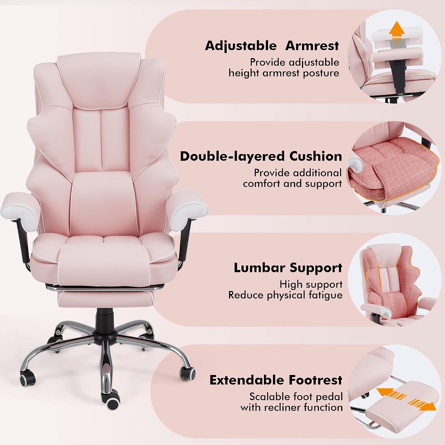 HOMREST 6-Point Massage Executive Chair,Heat Office Chair,Ergonomic Home Office Desk Chairs with Retractable Footrest and Reclining Function,Leather Computer Chair with Adjustable Armrest(‌Pink)