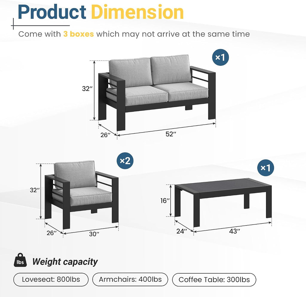 Solaste Aluminum Patio Furniture Set for All Weather, Oversized Metal Outdoor Furniture Set with 27.5' Deep Seating and 3.2' WIde Armrest, Outdoor Patio Conversation Sets with 10'' Back Suport Cushion