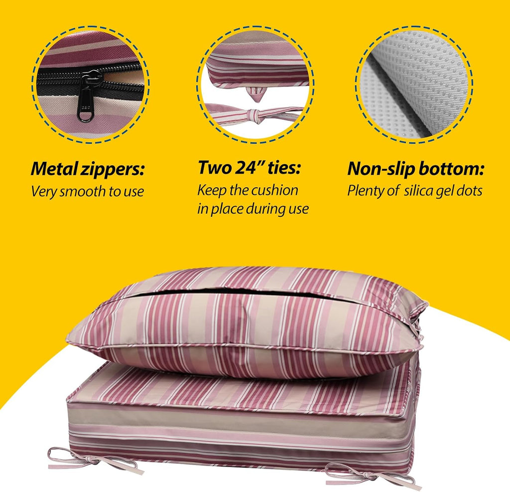AAAAAcessories Outdoor Seat Cushions for Chairs, Fade-Resistant, Waterproof Patio Furniture Replacement Cushions, 23.5' x 25.5' x 5' + 23.5' x 19', Set of 4, Dusty Rose Garden Stripe