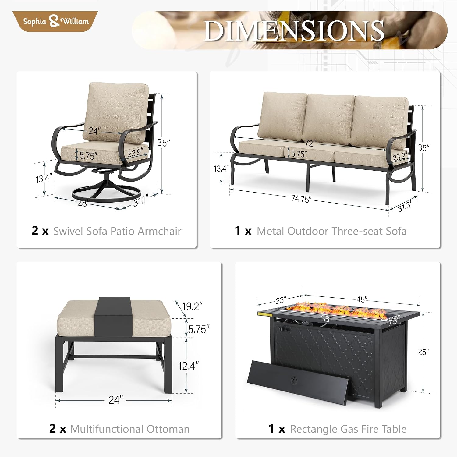 Sophia & William Patio Furniture Sets for 7 with 45' Gas Fire Pit Table Outdoor Conversation Sets 6 Pcs, 2 x Swivel Cushioned Sofa Chairs, 1x3-Seat Sofa, 2xOttomans for Backyard Poolside Beige