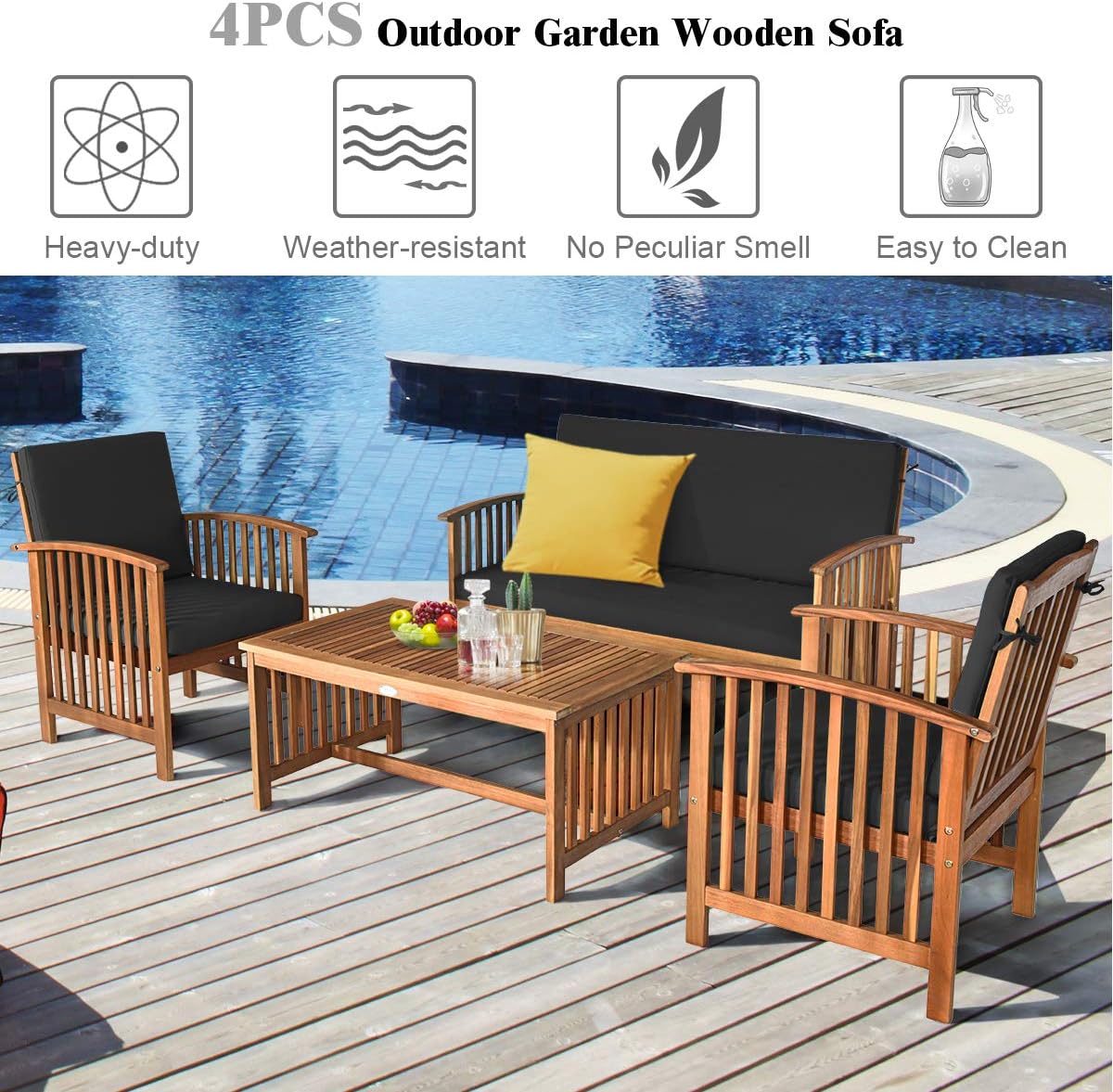 Tangkula Outdoor 4 PCS Acacia Wood Sofa Set w/Water Resistant Cushions, Padded Patio Seating Chat Set w/Coffee Table for Garden, Backyard, Poolside (1, Black)