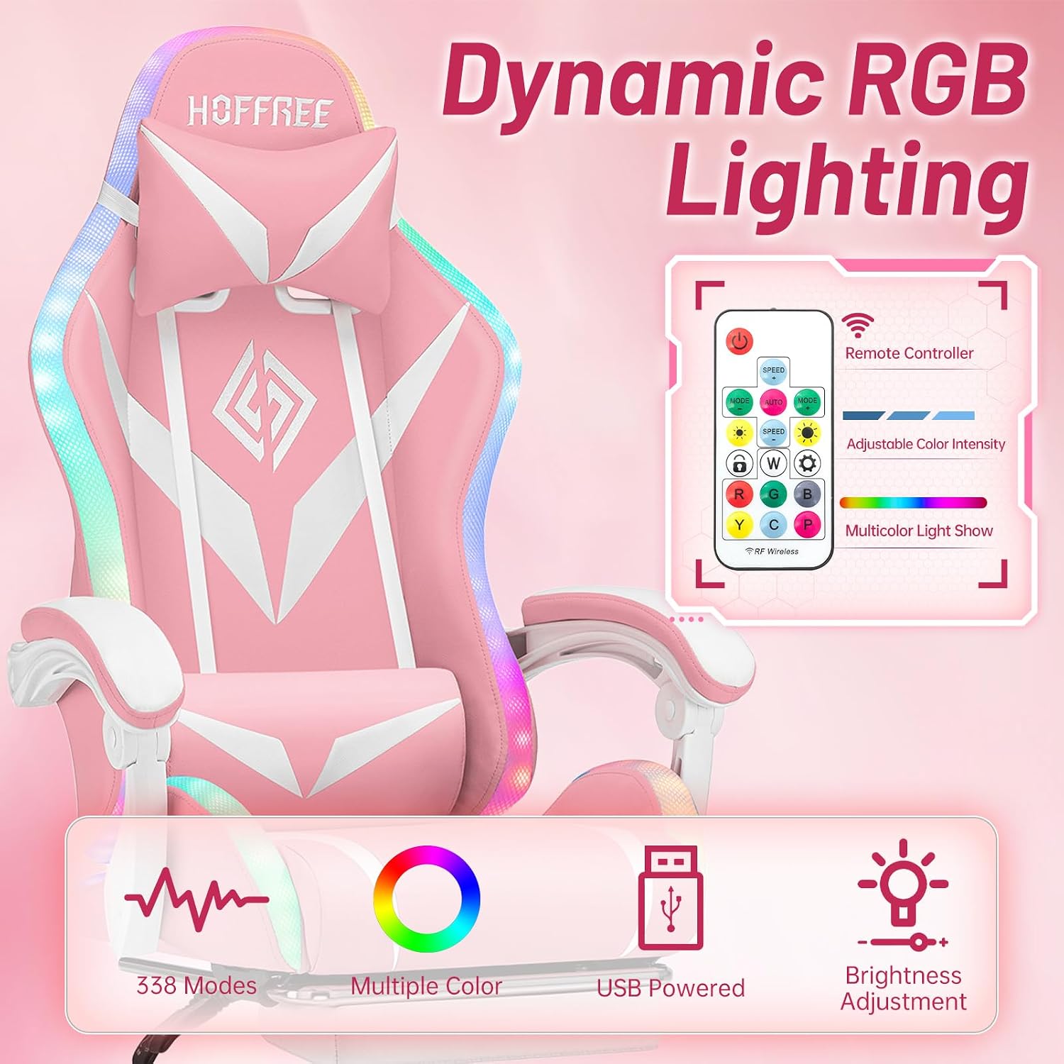 HOFFREE Pink Gaming Chair Massage with Bluetooth Speakers and Led Lights Ergonomic Computer Gaming Chair with Footrest RGB Video Game Chair with High Back Lumbar Support Pink and White