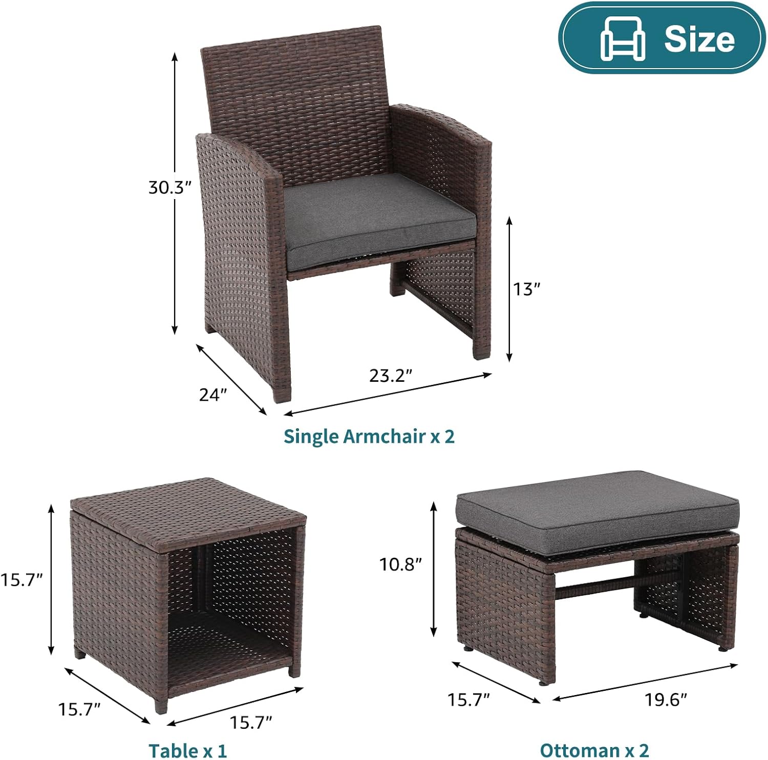 OC Orange-Casual 5 Pcs Patio Conversation Set Balcony Furniture Set with Cushions, Brown Wicker Chair with Ottoman, Storage Table for Backyard, Garden, Porch, Dark Grey