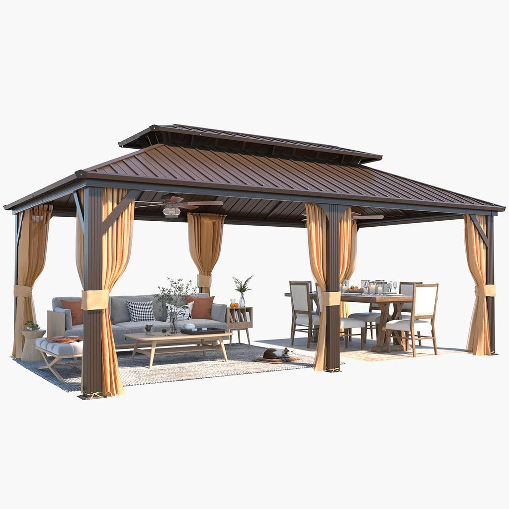 YOLENY 12' x 20' Gazebo Hardtop with Aluminum Frame,Galvanized Steel Double Roof Gazebos with Curtain and Netting,Outdoor Metal Pergolas for Garden, Lawn, Deck, Brown