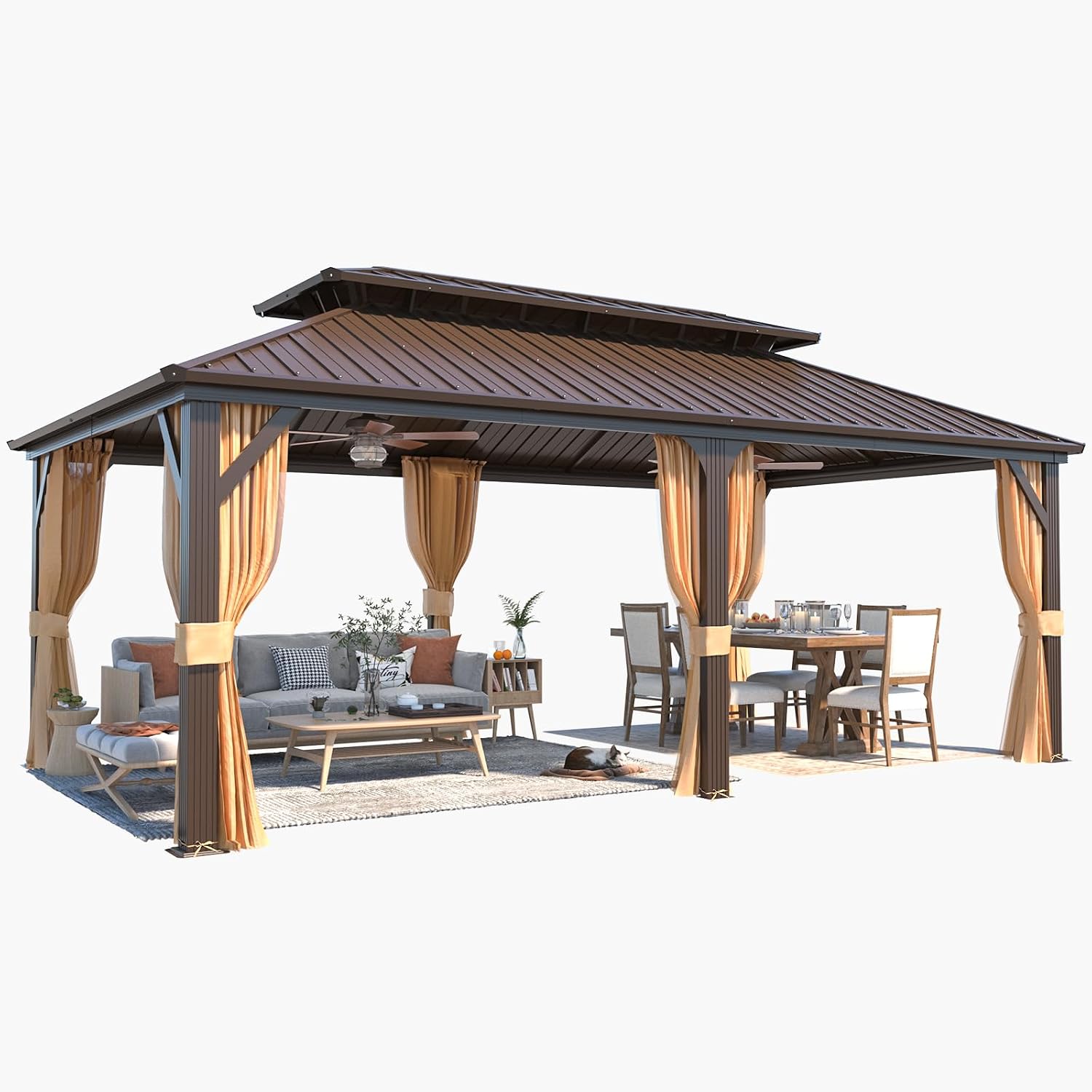 YOLENY 12' x 20' Gazebo Hardtop with Aluminum Frame,Galvanized Steel Double Roof Gazebos with Curtain and Netting,Outdoor Metal Pergolas for Garden, Lawn, Deck, Brown