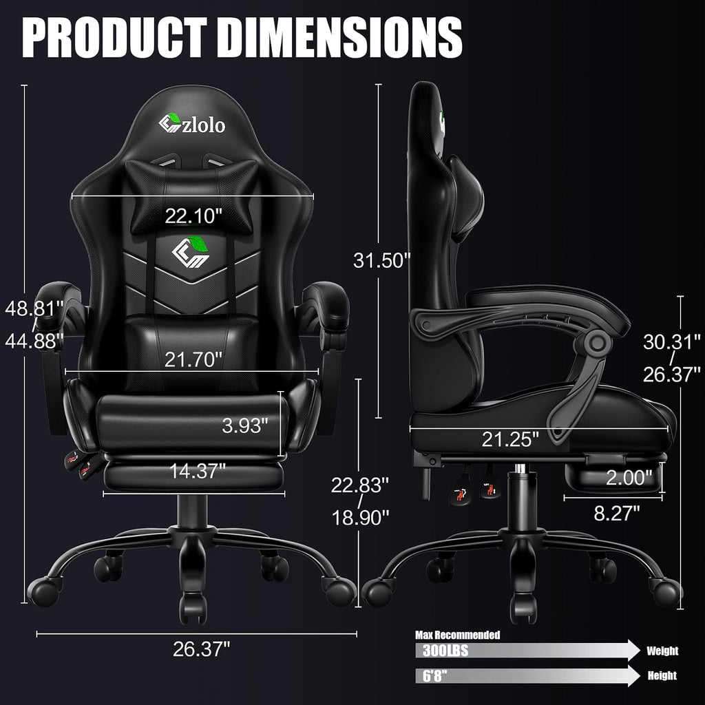 Czlolo Gaming Chair, Ergonomic Office Computer Chair with Footrest and Lumbar Support Massager Racing Style High Back Video Gamer Chair, Wide＆Thick Cushion, 90°-135° Recline, Adjustable Height, Black