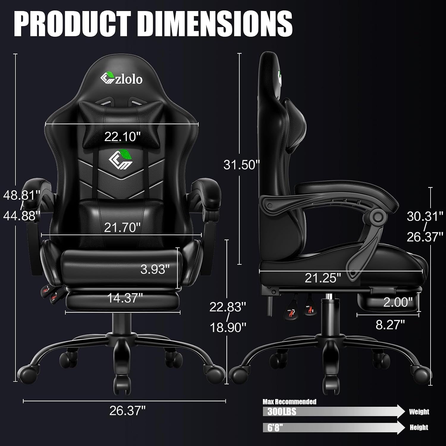 Czlolo Gaming Chair, Ergonomic Office Computer Chair with Footrest and Lumbar Support Massager Racing Style High Back Video Gamer Chair, Wide＆Thick Cushion, 90°-135° Recline, Adjustable Height, Black