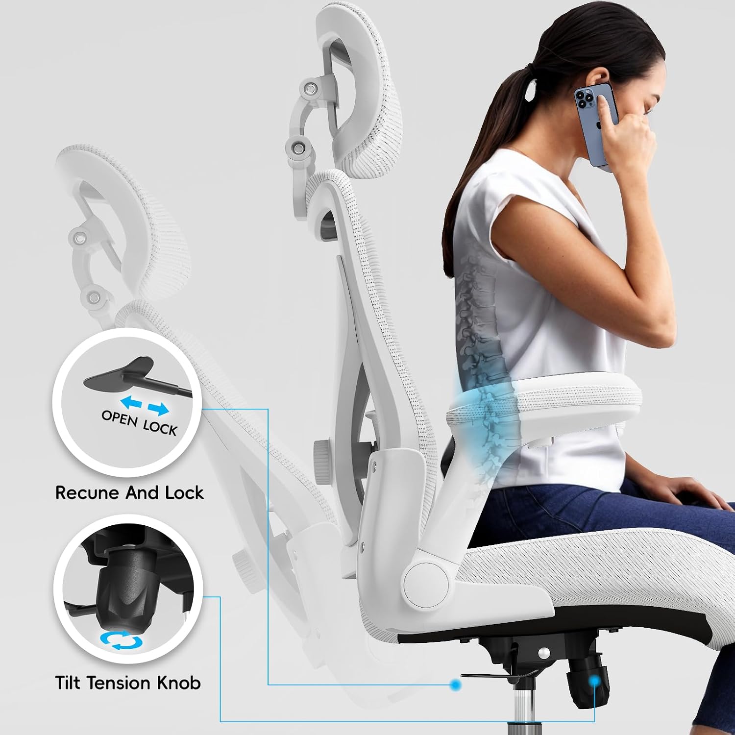Ergalithic Office Home Ergonomic Desk Chair-Computer X-Shaped Chair Mesh PU Leather with Adjustable Lumbar Support-Executive Chair High Back with Headrest Flip-Up Arms for Long Hours (White)
