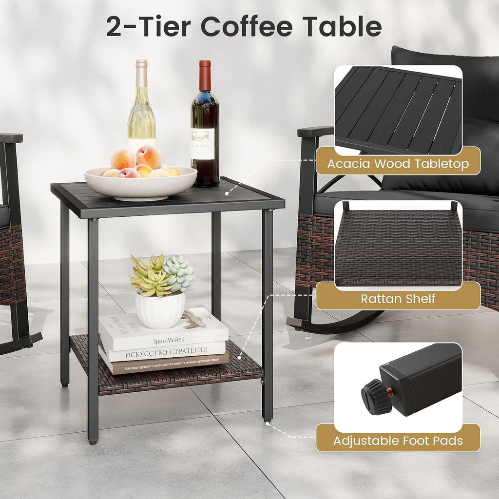Tangkula 3 Piece Rattan Rocking Chair Set, Patio Rocker Bistro Set with Acacia Wood Tabletop & Armrests, 2 Outdoor Cushioned Armchairs w/Double-Tier Side Table for Porch, Balcony, Backyard