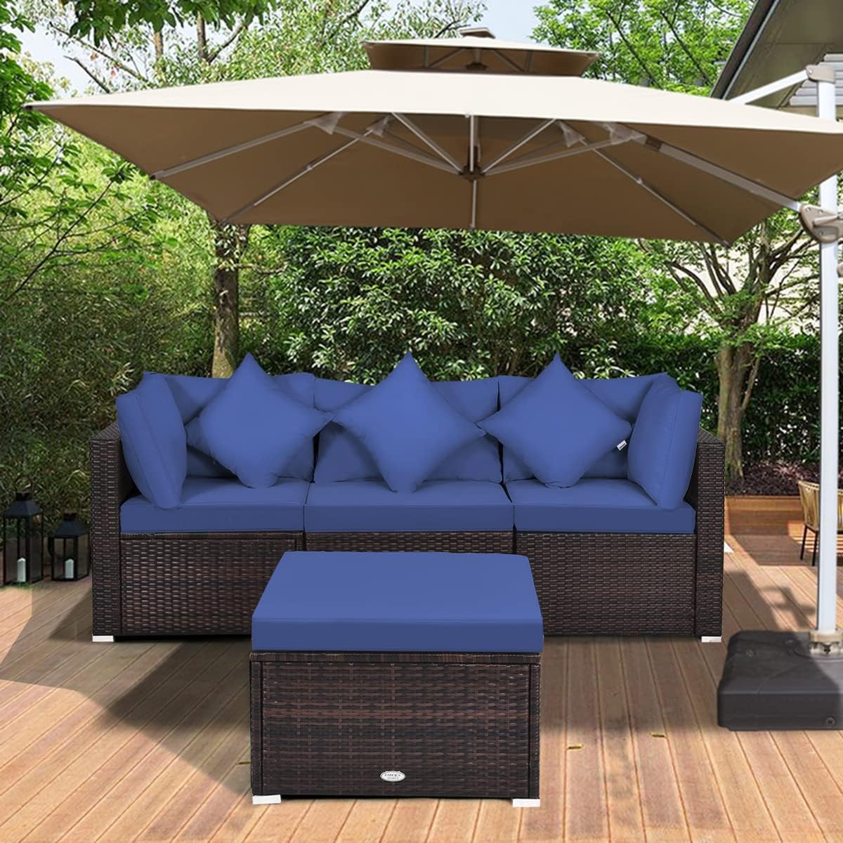 Tangkula 4 PCS Patio Rattan Sofa Set, Outdoor Wicker Sectional Furniture Set, Patio Conversation Set with Removable Cushions & Pillows for Backyard Porch Garden Poolside Balcony (Blue)