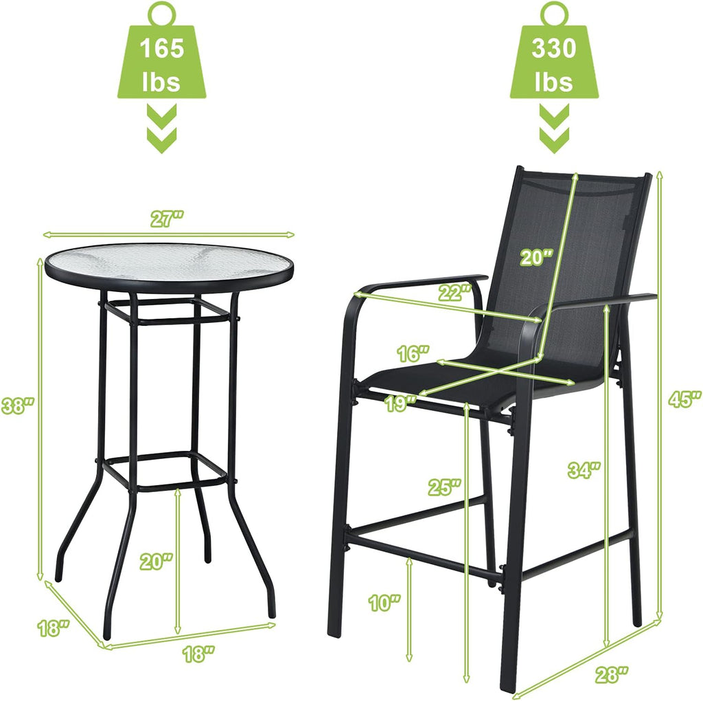 Tangkula 3 Pieces Outdoor Patio Bar Set, Outdoor Bistro Set with 2 Bar Stools and 1 Tempered Glass Bar Table, Bar Height Patio Table and Stools Set for Backyard, Garden, Lawn (Black)