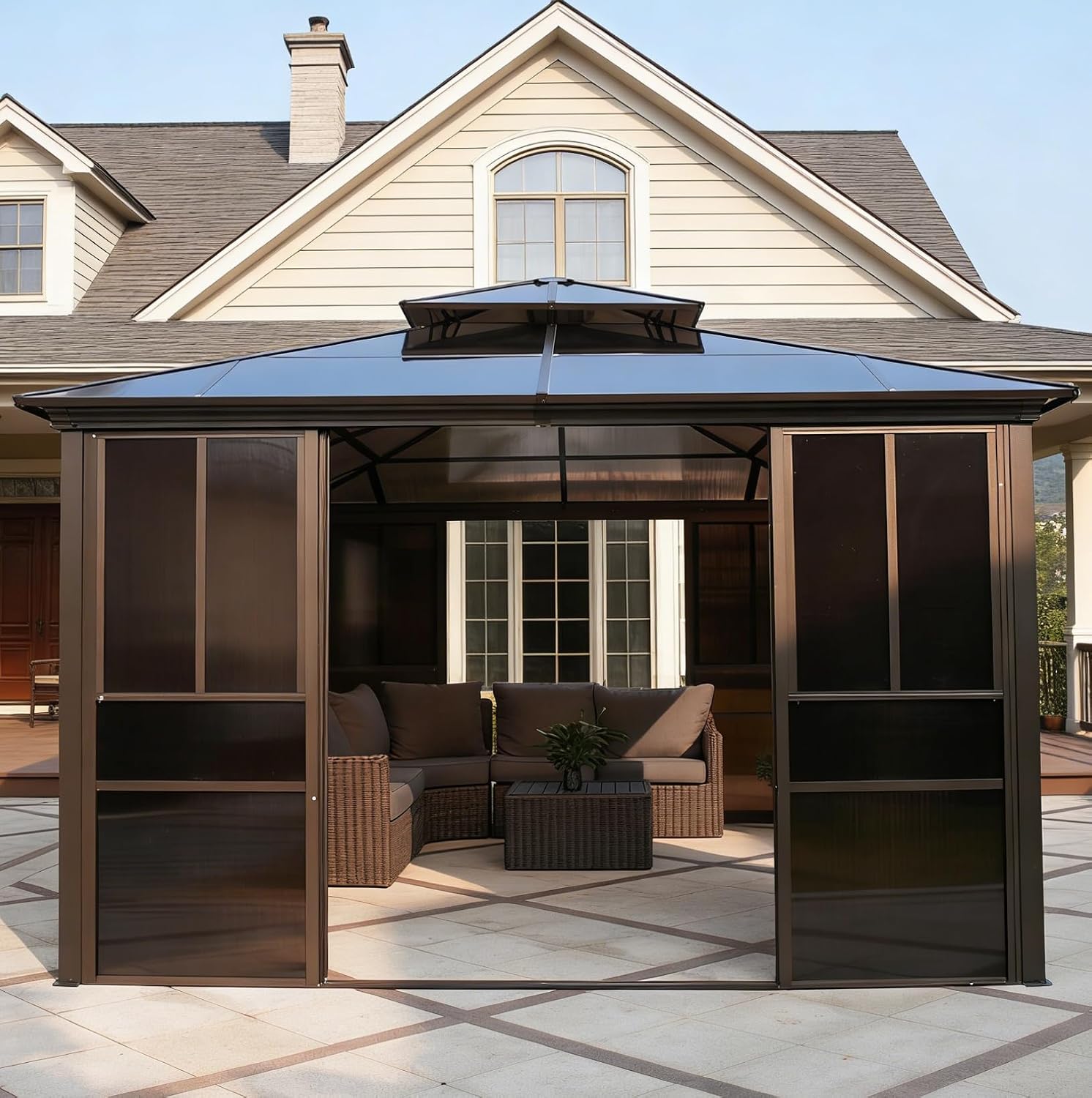 YOLENY 10x12 Sunroom Gazebo, Enclosed Outdoor Solarium with Tinted Polycarbonate Roof, 4 Lockable Sliding Doors & Aluminum Frame, Permanent Hardtop Patio Gazebo for Backyard