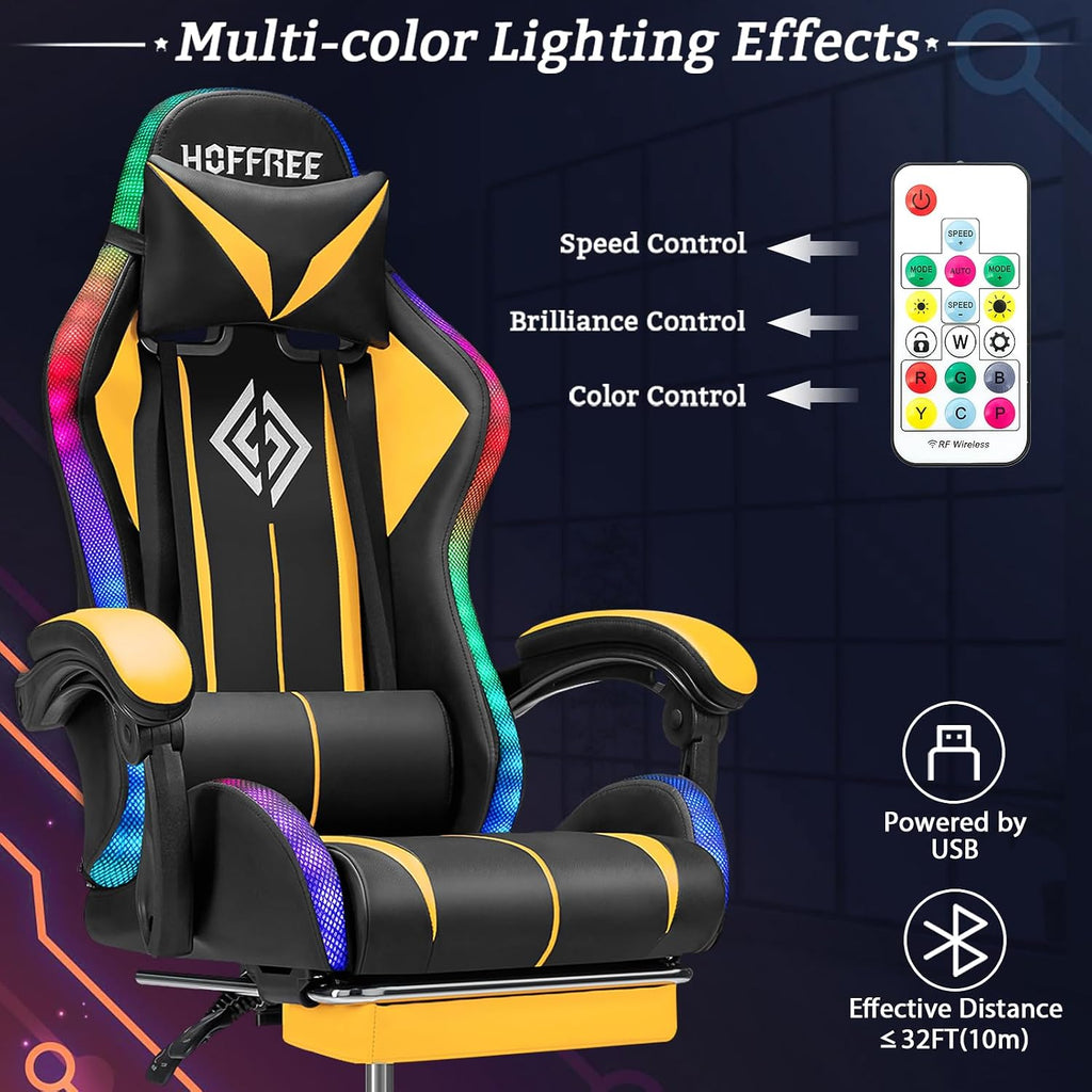Gaming Chair with Bluetooth Speakers and LED RGB Lights Ergonomic Massage Computer Gaming Chair with Footrest High Back Music Video Game Chair with Lumbar Support Yellow and Black
