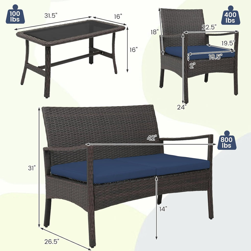 Tangkula 8 Pieces Outdoor Conversation Set, Patio PE Wicker Sofa with Tempered Glass Coffee Table, Soft Seat Cushions Included, Modern Rattan Chair Table Set for Porch, Backyard (2, Navy)