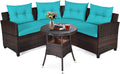 Tangkula 4-Piece C Shape Patio Furniture Set, Outdoor Corner Wicker Rattan Sectional Cushioned Sofa Set, with Glass Coffee Table, for Garden Poolside Balcony (Turquoise)