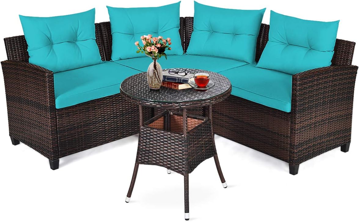 Tangkula 4-Piece C Shape Patio Furniture Set, Outdoor Corner Wicker Rattan Sectional Cushioned Sofa Set, with Glass Coffee Table, for Garden Poolside Balcony (Turquoise)