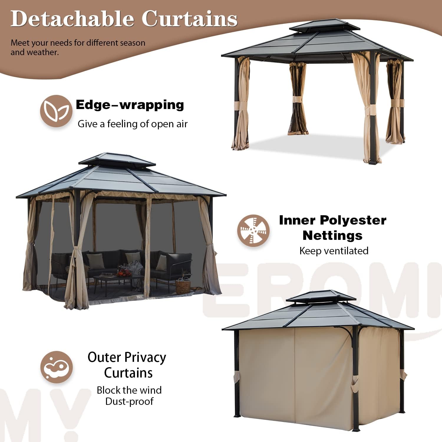 EROMMY 10'x12' Hardtop Gazebo, Double Metal Roof Canopy with Aluminum Frame, Netting and Shaded Curtains Included, Permanent Pavilion Gazebos for Patio, Backyard, Deck, Lawn, Poolside