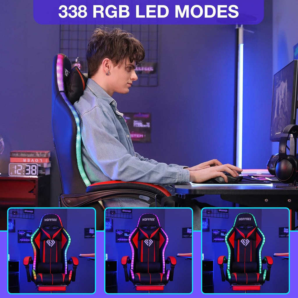 RGB Gaming Chair Massage with LED Lights and Footrest Ergonomic Computer Gaming Chair with High Back Video Game Chair with Adjustable Lumbar Support Red and Black