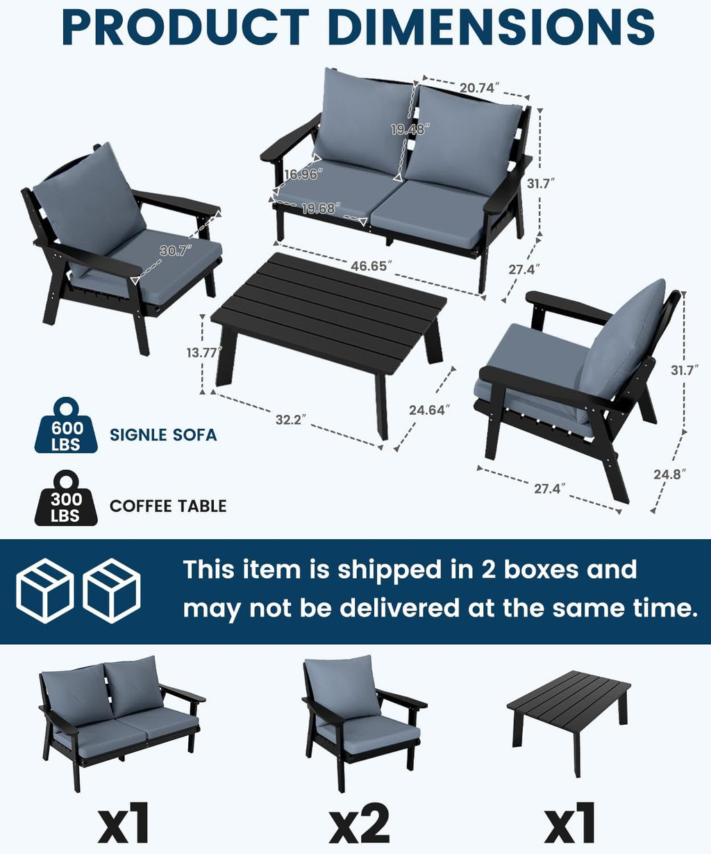 FOOWIN 4-Piece Patio Furniture Set, HDPE All-Weather Outdoor Conversation Set with Thick Cushions, Sectional Patio Sofa Furniture for Deck, Porch, Lawn, Garden, Black Frame & Grey Cushion