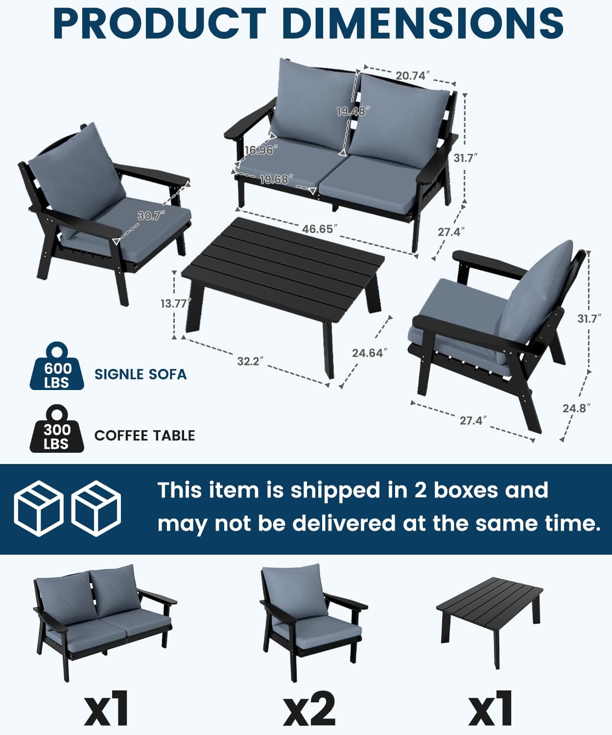 FOOWIN 4-Piece Patio Furniture Set, HDPE All-Weather Outdoor Conversation Set with Thick Cushions, Sectional Patio Sofa Furniture for Deck, Porch, Lawn, Garden, Black Frame & Grey Cushion