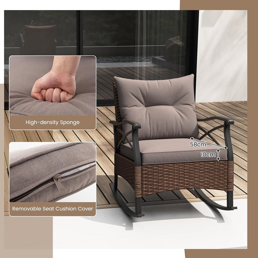 Tangkula 3 Pieces Outdoor Rocking Chairs Set, Rattan Heavy Duty Cushioned Rocker Chairs with 2-Tier Tempered Glass Coffee Table, for Garden, Balcony, Backyard