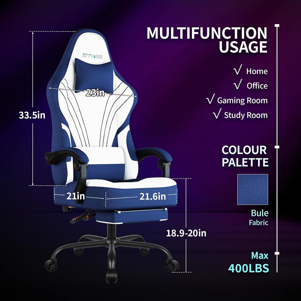Gaming Chair, Ergonomic Computer Chair with Footrest, Big Tall PC Gamer Chair with Headrest and Massage Lumbar Support, 360° Swivel Height Adjustable Fabric Video Office Chairs for Adults (Blue)