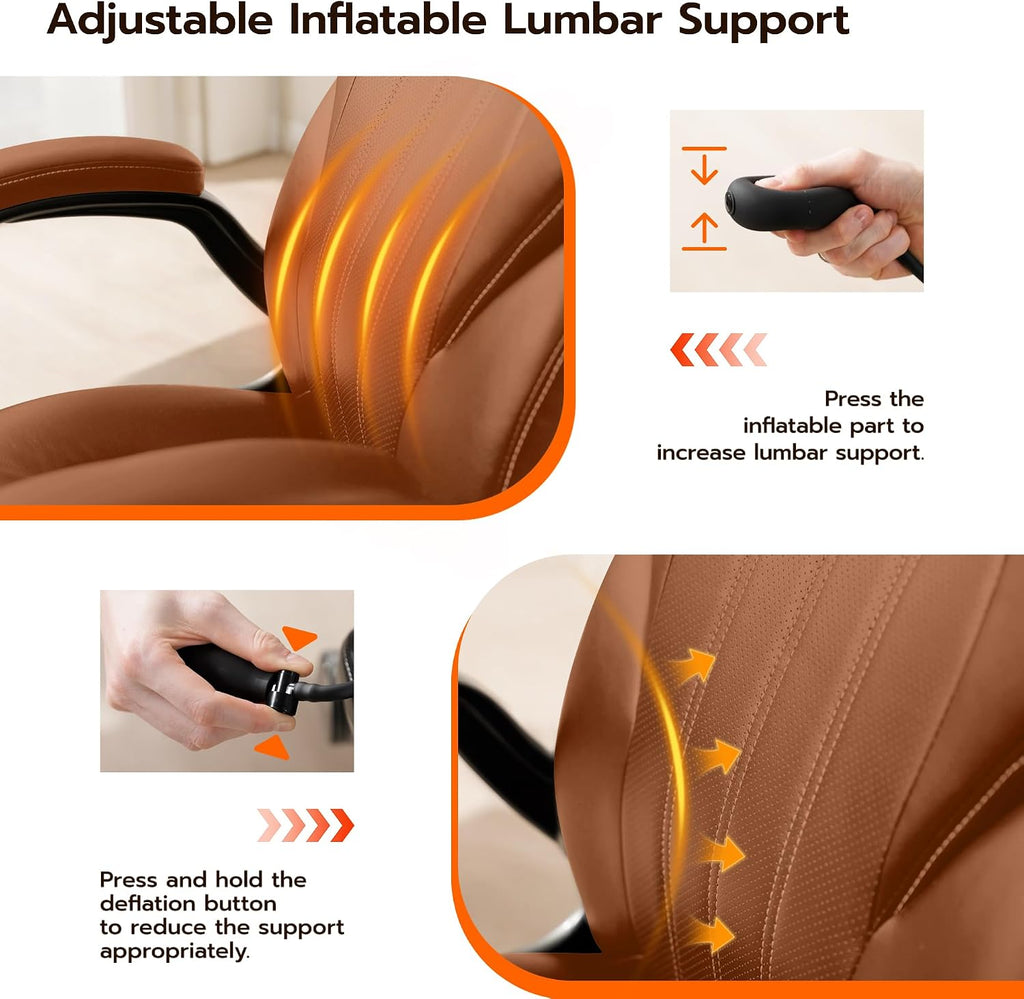 Ylzyxal Office Desk Chair, Ergonomic Computer Chair with Padded Flip-Up Arms and Adjustable Lumbar Support, PU Leather Executive Chair with Tilt Lock and 360° Swivel Rolling Wheels for Work, Study
