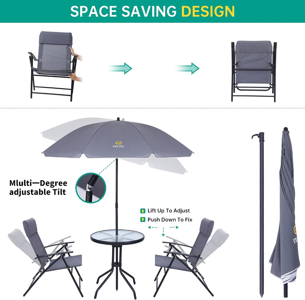 Nice C Patio Set with Umbrella, Outdoor Dinning Set, Patio Furniture Set, Patio Table Chair with Umbrella, Table and Chairs, 4-Piece Garden Furniture Set, Glass Table, 2 Folding Chairs&Umbrella (Grey)