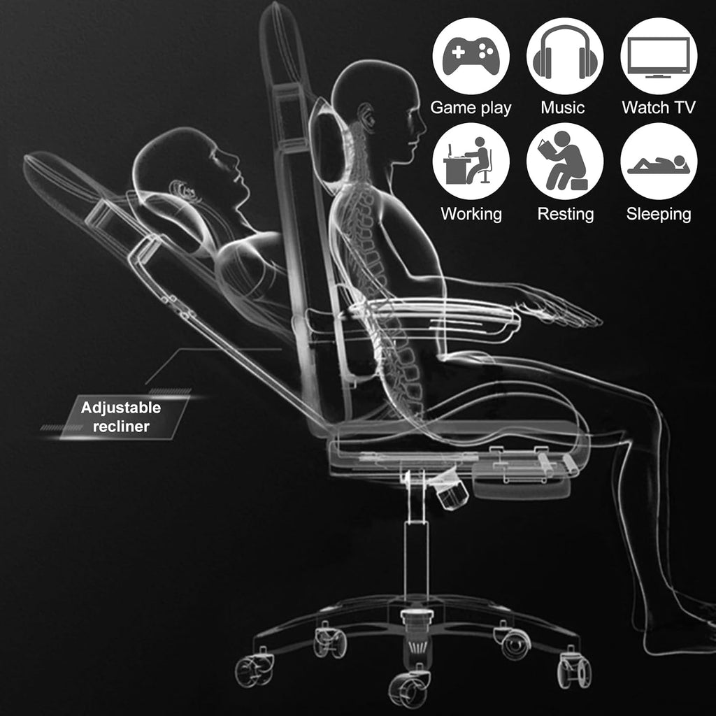 Gaming Chair with Bluetooth Speakers ＆ LED Lights, Ergonomic Massage Computer Chair Height Adjustable, Video Game Chair with 360° Swivel Seat and Headrest, High Back Lumbar Support Design