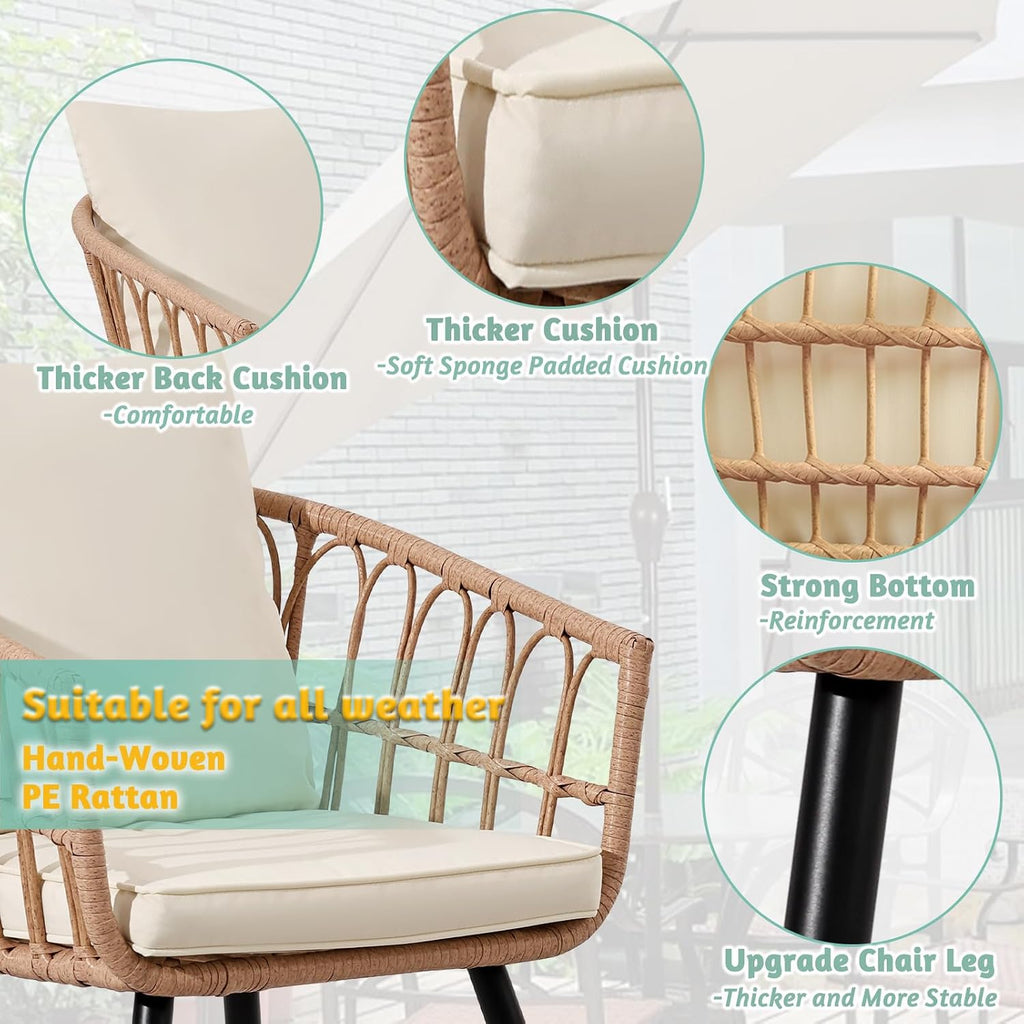 FHFO 3 Piece Outdoor Patio Bistro Set, Wicker Table and Chairs Set of 2, All-Weather Rattan Balcony Furniture Set for Patio Front Porch Apartment, Natural/Beige
