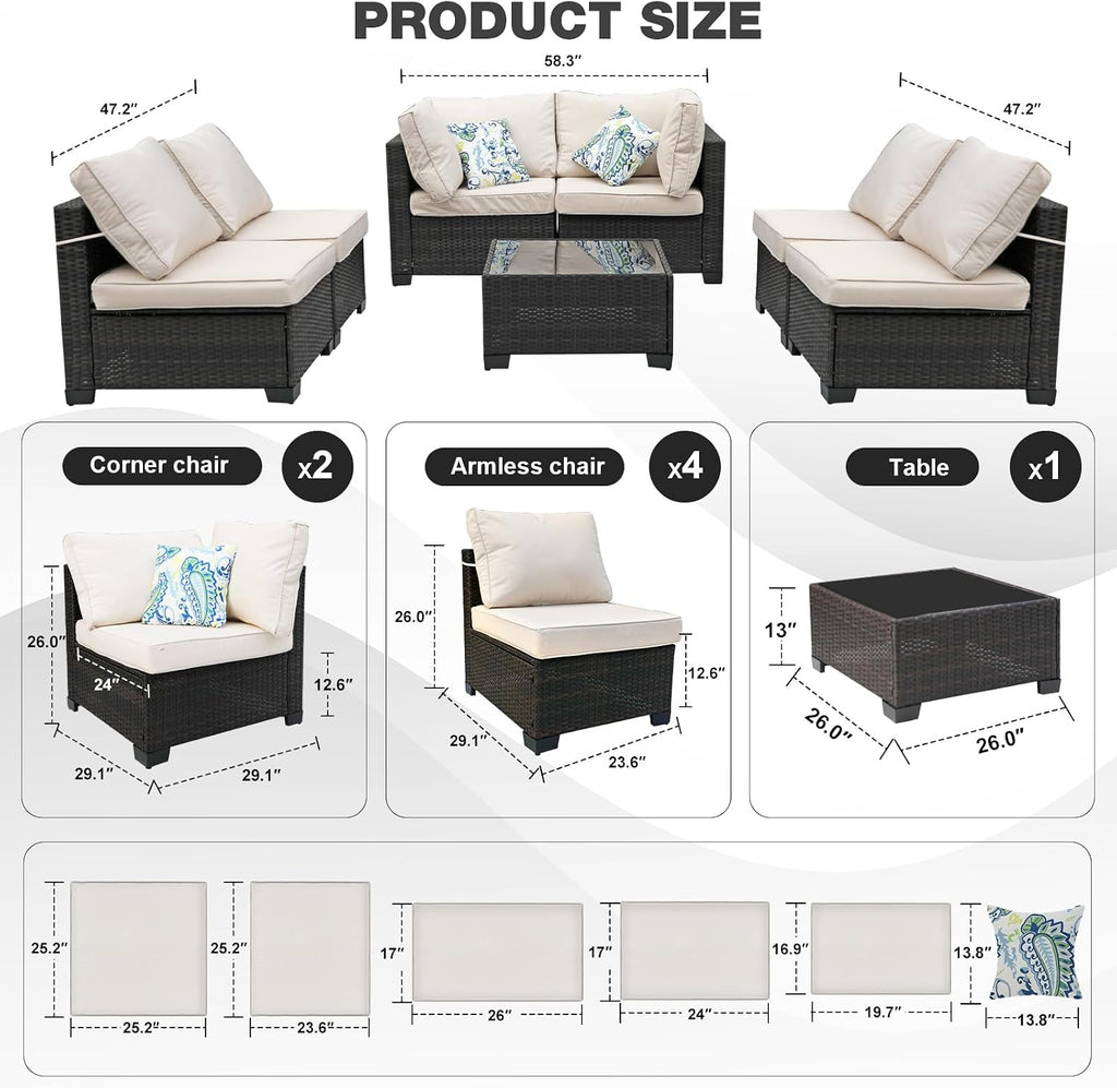 7 Pieces Patio Furniture Set (Brown/Beige), All-Weather Rattan Outdoor Sectional Sofa Set with Anti-Slip Cushions and 2 Pillows, Perfect for Deck, Garden, Lawn