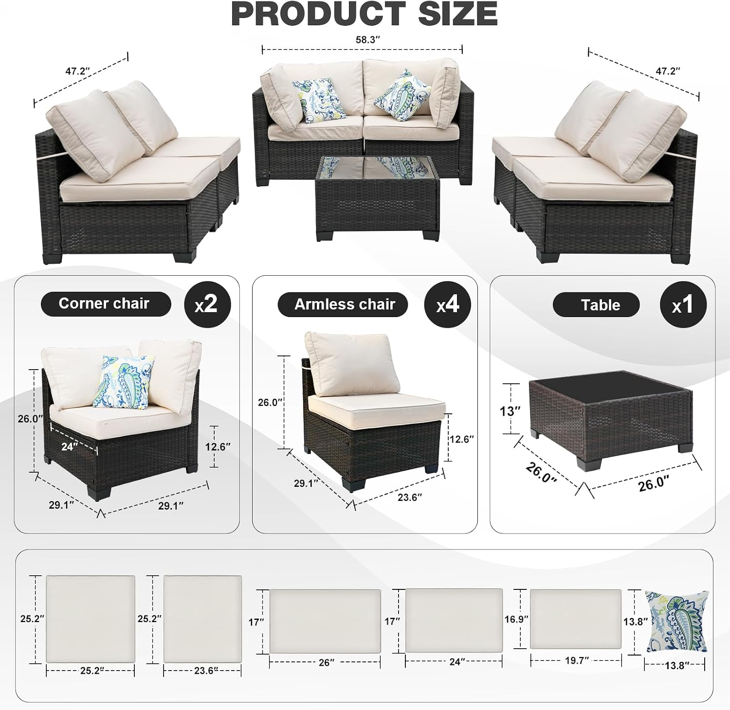 7 Pieces Patio Furniture Set (Brown/Beige), All-Weather Rattan Outdoor Sectional Sofa Set with Anti-Slip Cushions and 2 Pillows, Perfect for Deck, Garden, Lawn