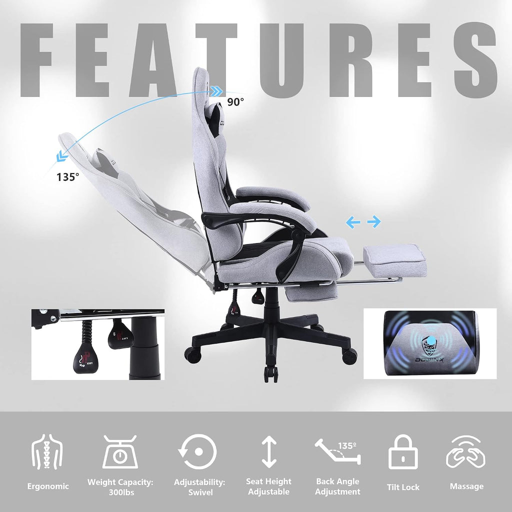 Dowinx Gaming Chair Fabric with Coil Spring Cushion, Ergonomic Game Chair for Adults with Footrest and Massage Lumbar Support, Cloth Computer Office Chair 350LBS, Black Grey