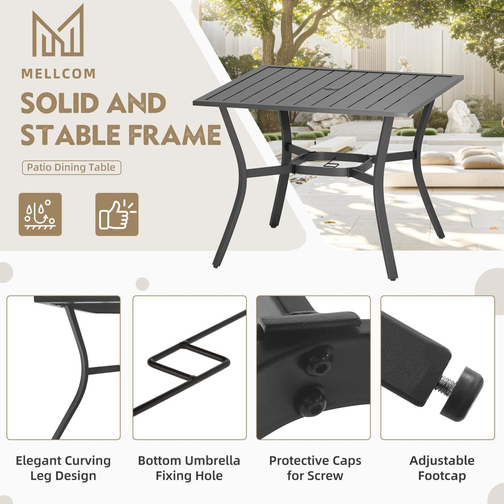 MELLCOM 5 Pieces Outdoor Dining Set, 4 Swivel Rocker Chairs with High Back Textilene & Square Metal Dining Table with Umbrella Hole, Patio Furniture Set for Porch, Garden, Backyard, Deck, Blue