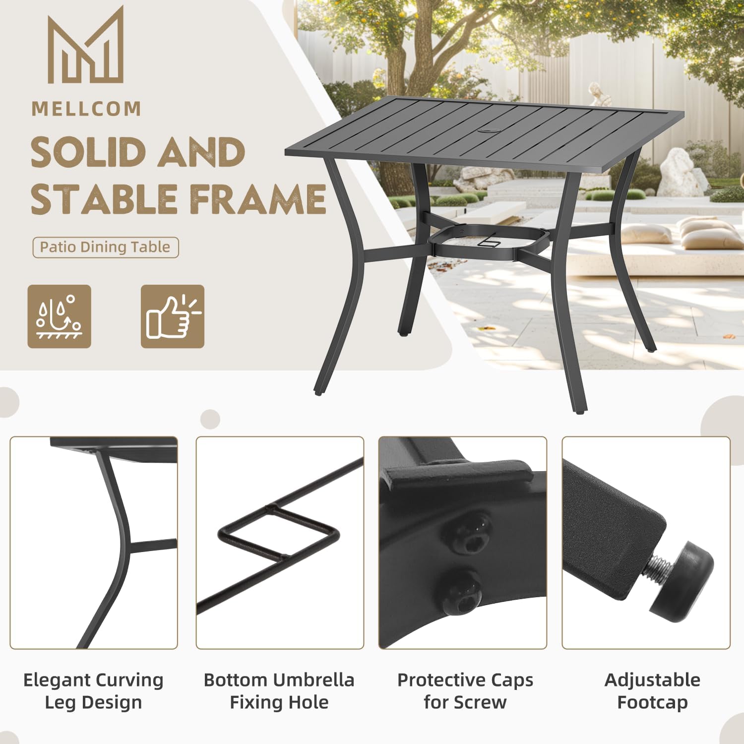 MELLCOM 5 Pieces Outdoor Dining Set, 4 Swivel Rocker Chairs with High Back Textilene & Square Metal Dining Table with Umbrella Hole, Patio Furniture Set for Porch, Garden, Backyard, Deck, Blue