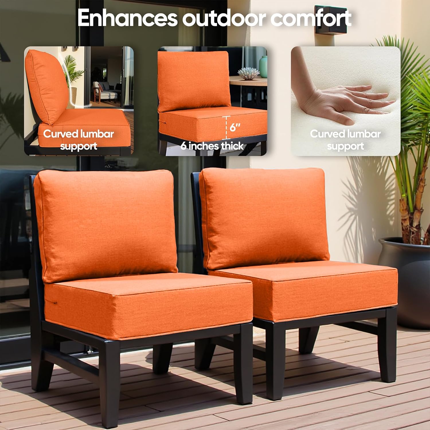 6' Thick Outdoor Cushion, 24*24*6' Patio Furniture Cushions with Waterproof Patio Furniture Cushions with Removable Cover, 28D High Density Patio Cushion for Outdoor Furniture, Orange-6pcs