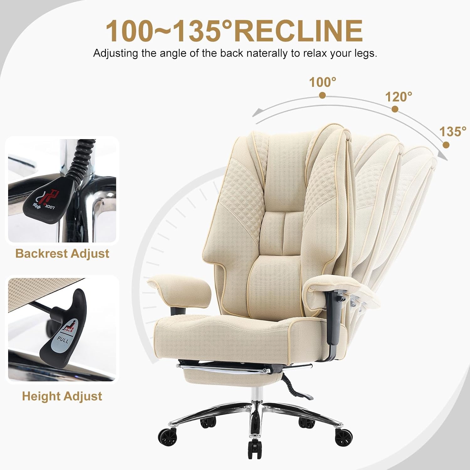 EXCEBET Big and Tall Office Chair 400lbs Wide Seat, Leather High Back Executive Office Chair with Lumbar Support, Ergonomic Chairs Padded Armrests & Thick Cushion (Mesh Beige)