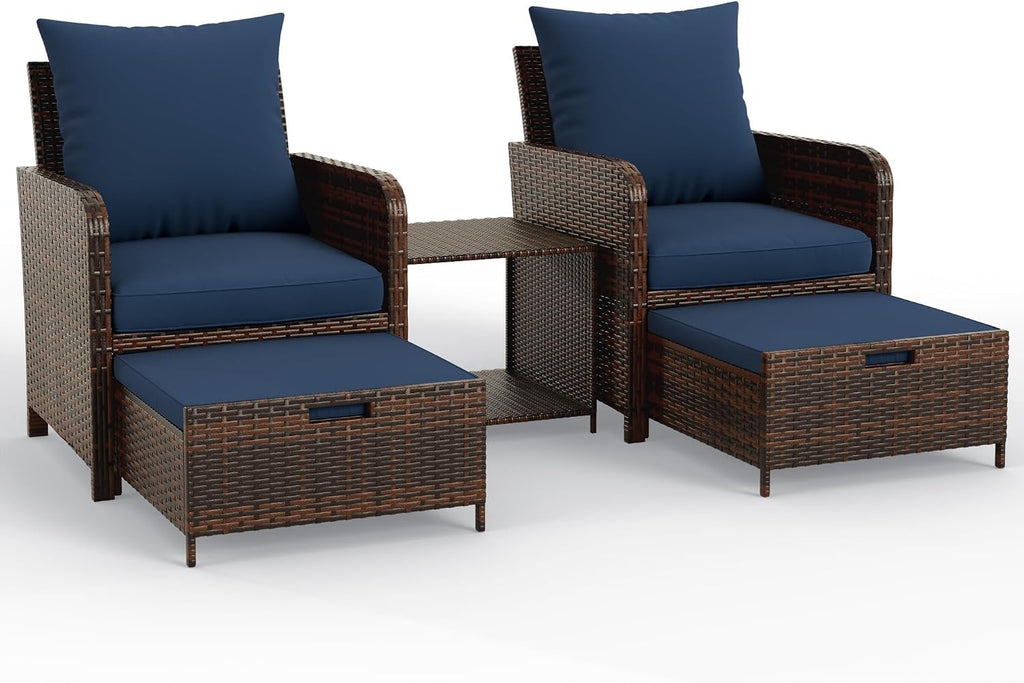 UDPATIO Balcony Furniture Patio Chairs with Hidden Ottoman 5 Piece Patio Furniture Set with Side Table for Front Porch, Blue Cushion