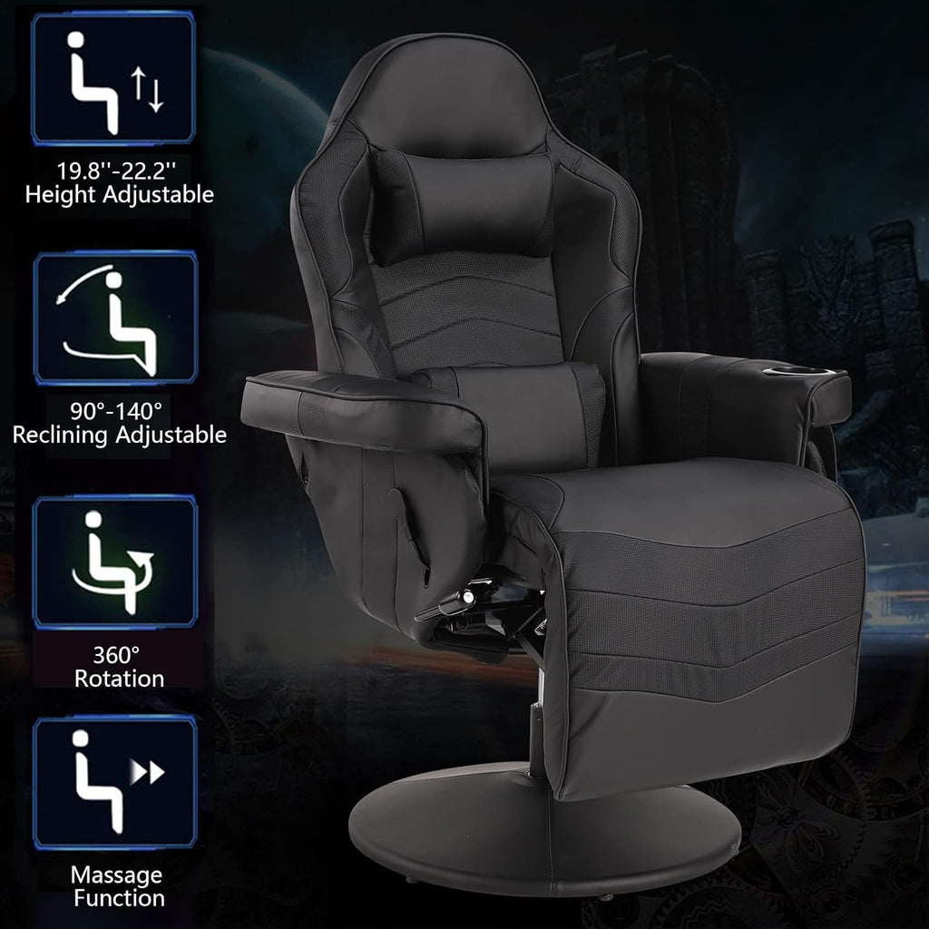 Gaming Chairs for Adults, Reclining Gaming Chair with Footrest, Massage Video Gaming Recliner Chair w/Adjustable Height, Swivel Game Chair with Lumbar Support, Side Pouch