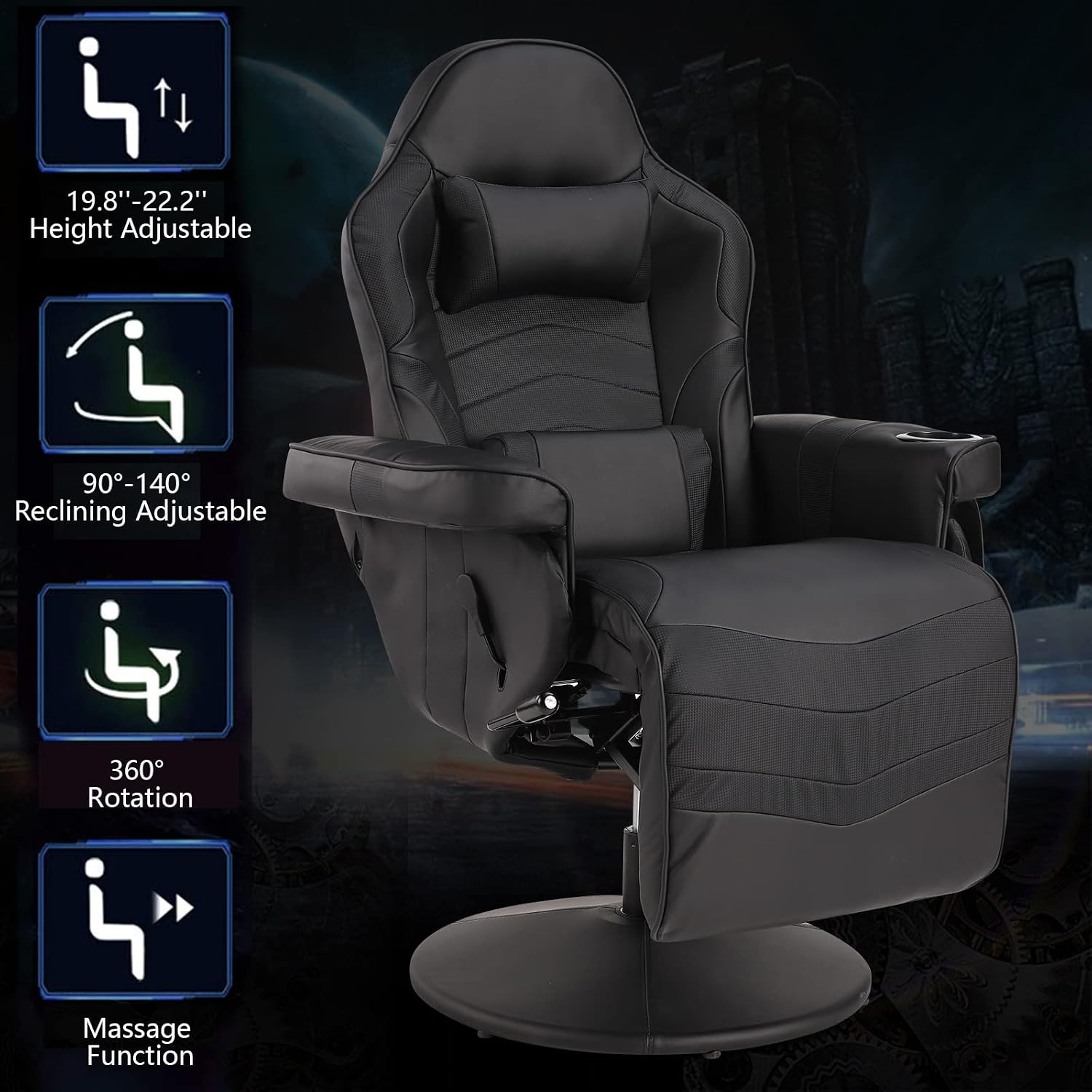 Gaming Chairs for Adults, Reclining Gaming Chair with Footrest, Massage Video Gaming Recliner Chair w/Adjustable Height, Swivel Game Chair with Lumbar Support, Side Pouch